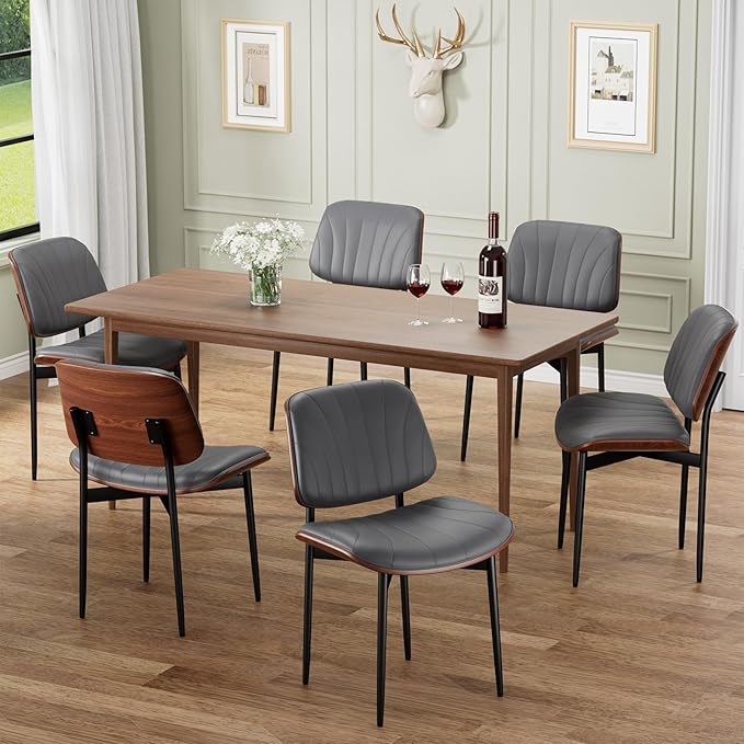 Dining Chairs Set of 8, Mid-Century Modern Upholstered PU Leather Chairs with Walnut Back and Metal Legs Adjustable Feet for Kitchen Dining Room, Dark Gray Shell Strips