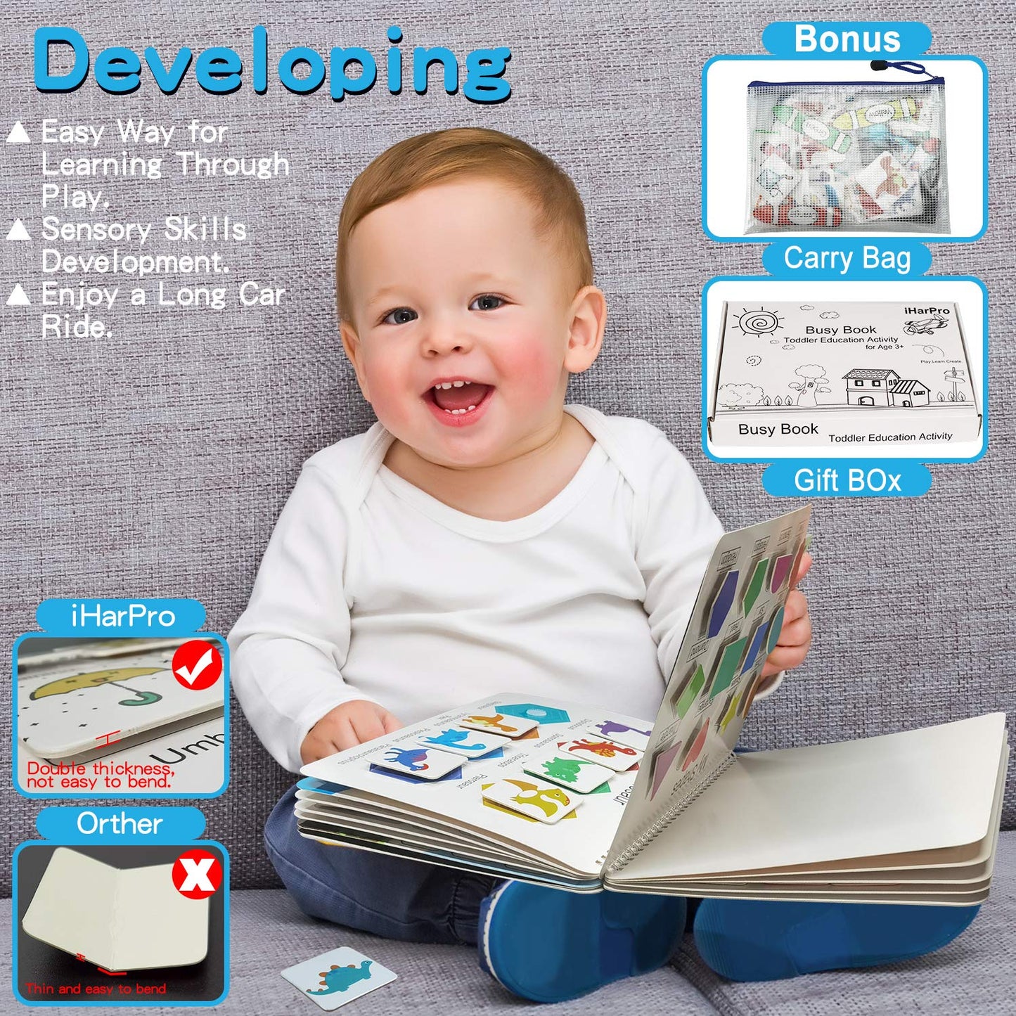 iHarPro Busy Book for Kids, Montessori Toys for Toddlers, Autism Sensory Educational Toys, Toddler Preschool Learning Activity Binder and Early Books - for Boys & Girls Develops Fine Motor Skills
