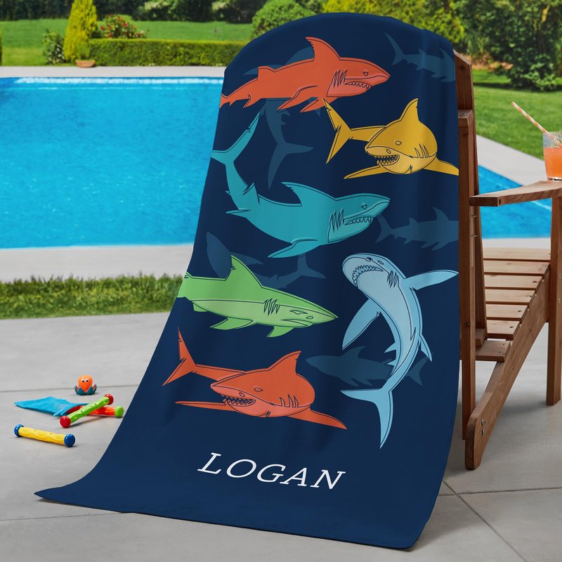 Let's Make Memories Personalized Beach Towel for Kids - Summer Camp Pool Party - Beach Vacation - Standard (30”x60”) - Colorful Sharks