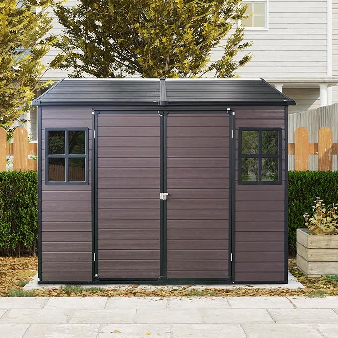 8' x 6' Resin Storage Shed Outdoor, PP Material & Strong Structure for All Weather, Plastic Garden Shed w/Window for Garden, Backyard, Poolside and Lawn, 15mm Thick PP Board - Brown