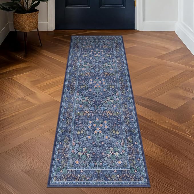 Non Slip 2x10 Dark Blue Hallway Runner - 10ft Long Runner Rugs, Washable Kitchen Floor Mat - Vintage Navy Floral Design Décor