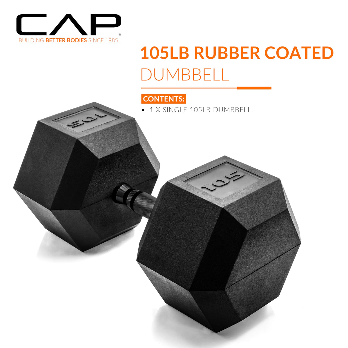CAP 105 LB Rubber Coated Hex Dumbbell Weight, Rubber Free Weights for Home Gym Strength Training, Black Oxide Handle, Single