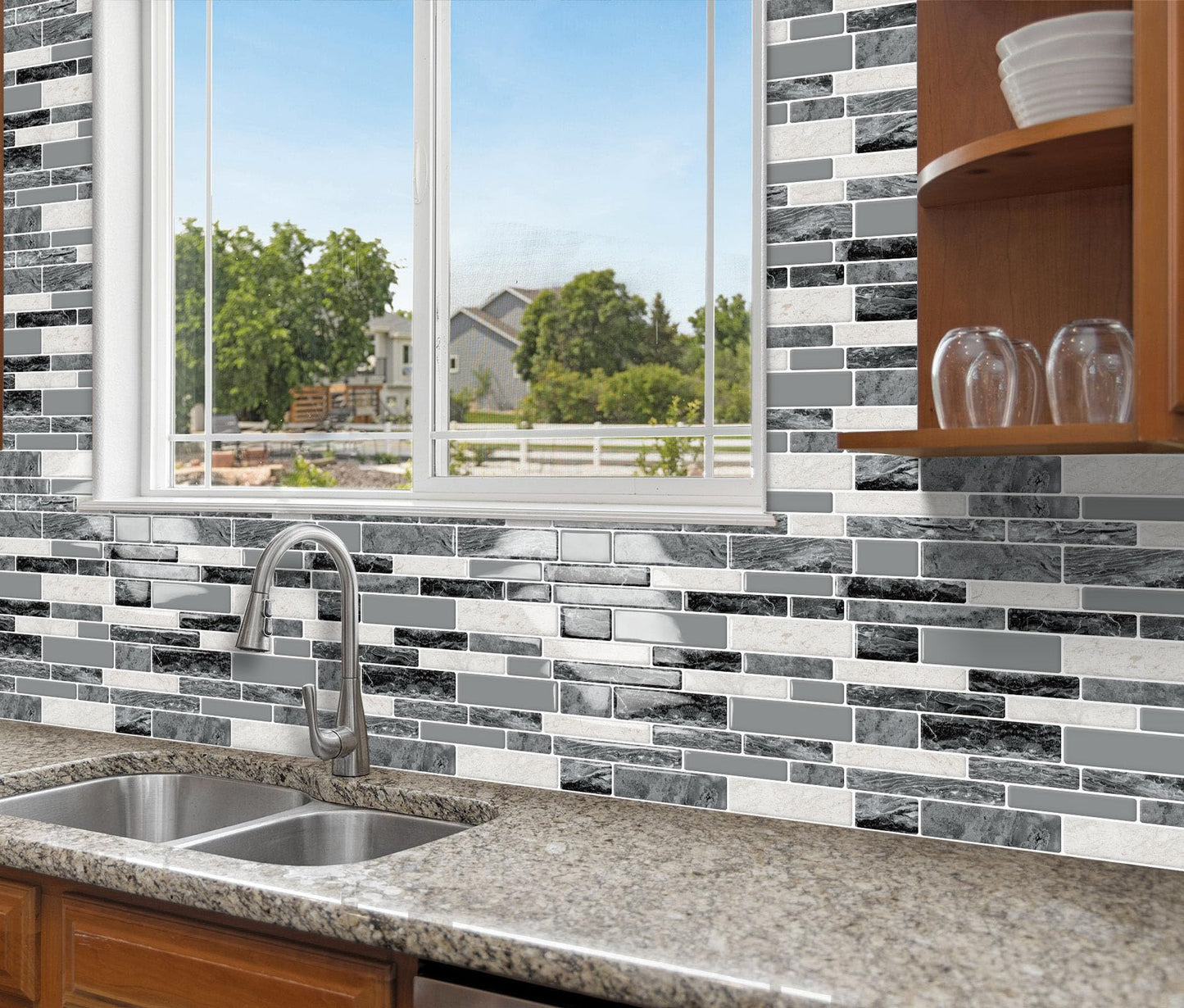 DEWOO Peel and Stick Backsplash 3D Self Adhesive Wall Tiles for Kitchen Bathroom,Marble Gray (10-Sheet, 12"×12")