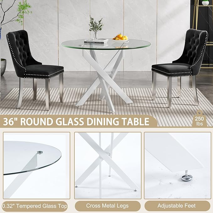 36" Round Dining Table for 4, Modern Clear Glass Kitchen Table for 4 with White X Metal Legs, Contemporary Small Circle Dining Room Leisure Tables for Kitchen Apartment