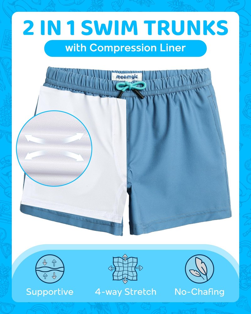 maamgic Boys Swim Trunks with Compression Liner 4-Way Stretch Quick Dry Swim Shorts Swimming Trunks Toddler Boy Haze Blue White 10-12 Years
