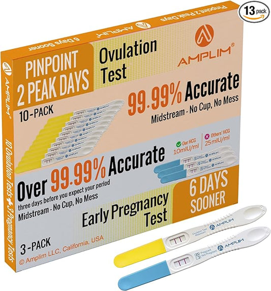 Amplim Pregnancy Test and Ovulation Tests Kit, 13 Pack Bulk Early Detection HCG & LH Sticks, FSA HSA Eligible, 99.99% Accurate at Home Predictor 6 Days Early Result, Extra Sensitive Fertility Tracker