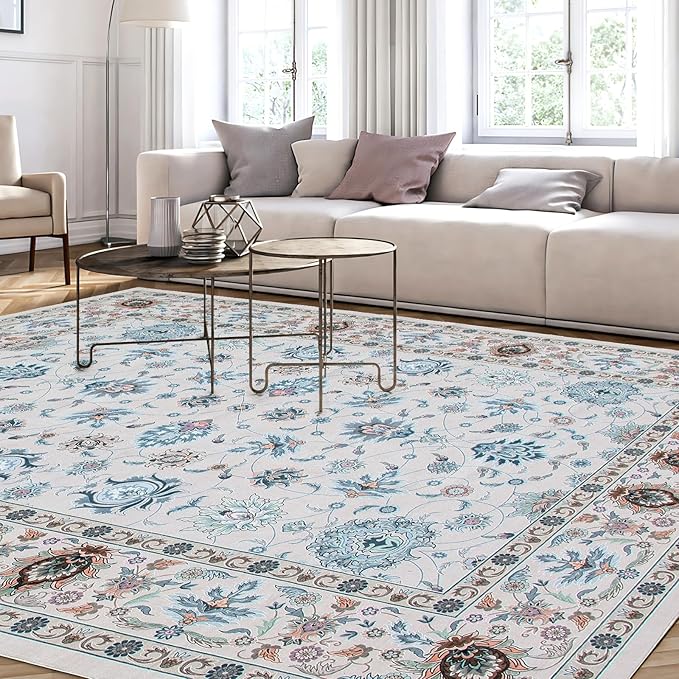 WILLSUN Washable Area Rugs, 9x12 Non-Slip Boho Large Area Rugs for Living Room, Bedroom, Machine Washable Vintage Rug, Indoor Floral Print Carpet for Home Decor, Kid & Pet Friendly Mat