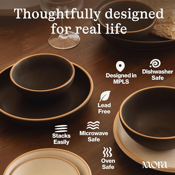 MORA Medium Dishes Set of 4, 30oz Ceramic Pottery Pasta Plate/Wide Bowls - Microwave, Oven and Dishwasher Safe - Peppercorn