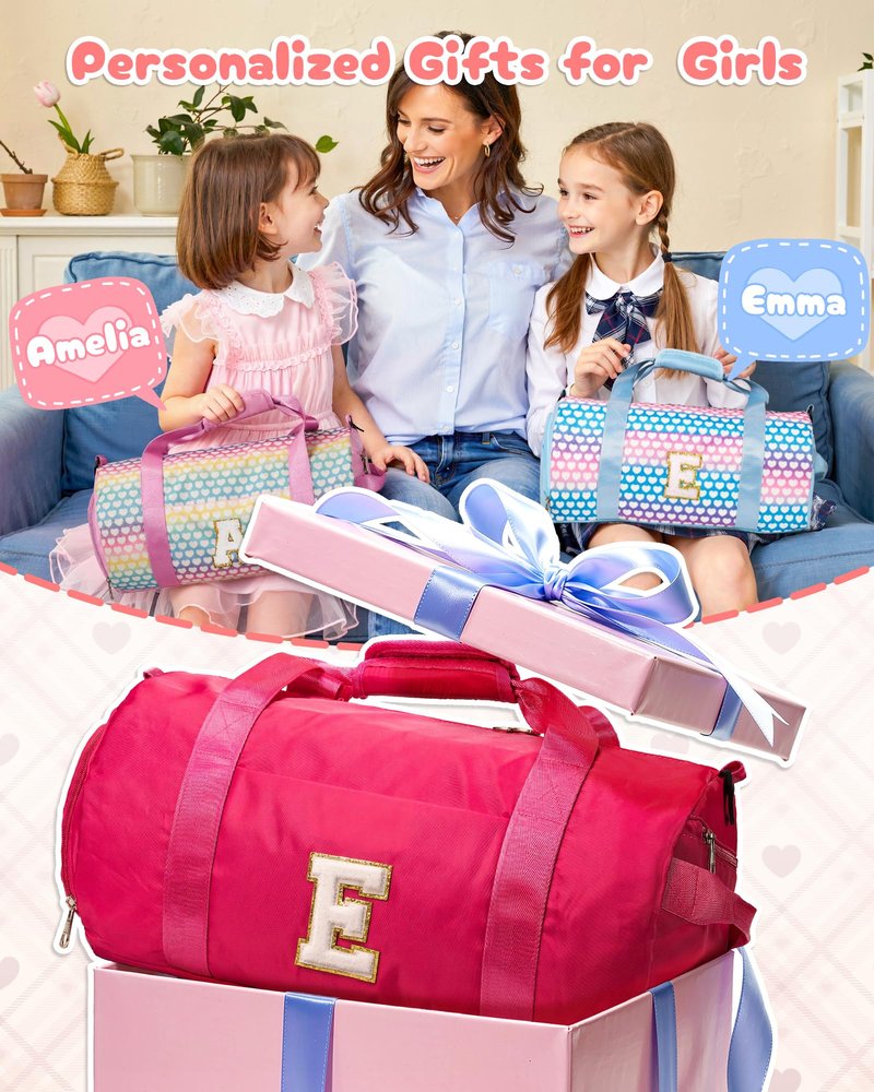 Vogewood Cheer Gifts, Girls Travel Duffle Bag with Makeup Pouch, Initial Kids Overnight Weekend Bag with Shoe Compartment, Personalized Birthday Gift for Daughter (Letter E)