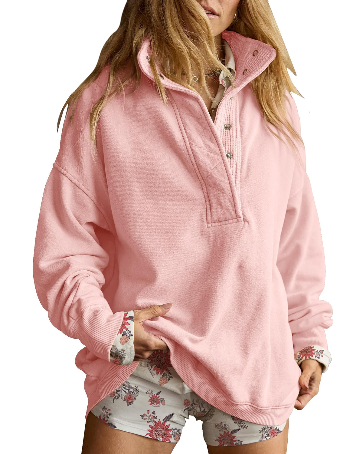 Gacaky Sweatshirt for Women Oversized Casual Long Sleeve Button Henley Neck Pullover Tops Fashion Outfits Clothes Pink L