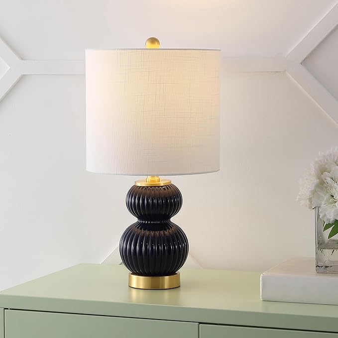 JONATHAN Y 20" Navy/Brass Gold Ribbed Gourd Glass Table Lamp, Modern Bedside Lamp for Bedroom Living Room, White Linen Drum Shade, LED Bulb Included (JYL1099D)