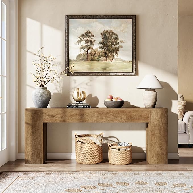 Extra Long Sofa Console Table for Entryway Living Room, 79-Inch Farmhouse Wood Behind Couch Table, Rectangular Accent Console with Wooden Double Base for Hallway Foyer Entrance, Natural Oak