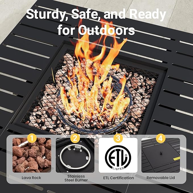FansaFurn Black Propane Fire Pit Table, 50000 BTU Gas Fire Pits Table with Removable Lid and Lava Rock, Square Fire Table with Cover, 30'', Ideal for Dining or Party on Patio, Garden, Yard
