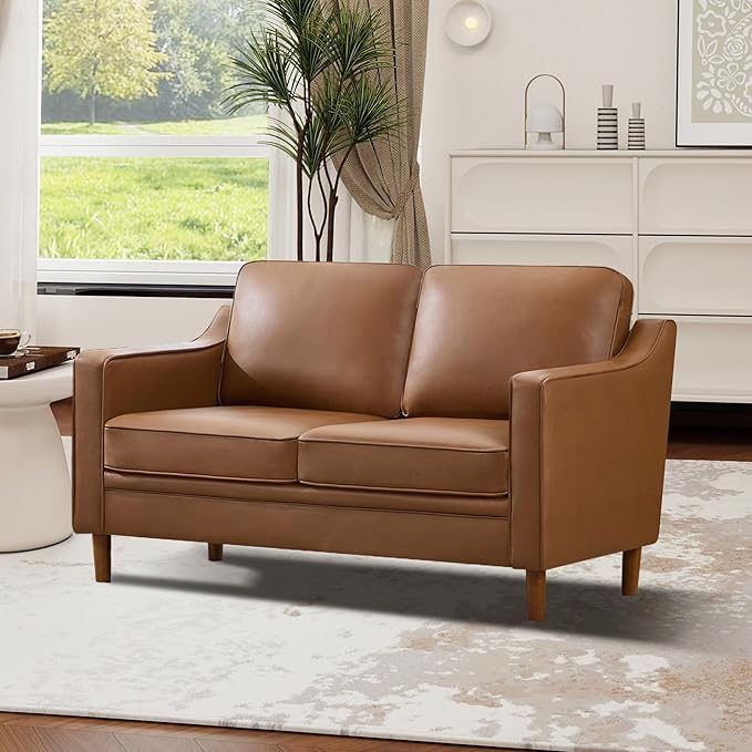 Kingfun 56" Faux Leather Sofa, Loveseat Couch, Mid Century Modern Love Seat Couches with Solid Wood Frame for Living Room & Bedroom, Brown