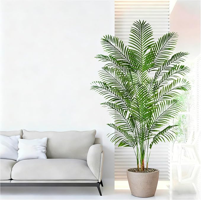 Artificial Palm Tree 7FT Artificial Plants Indoor Tropical Fake Palm Tree Areca Floor Plant in Black Pot with 18 Trunks & Real Bark Design, Faux Palm Plant for Outdoor Patio Home Room Office Decor