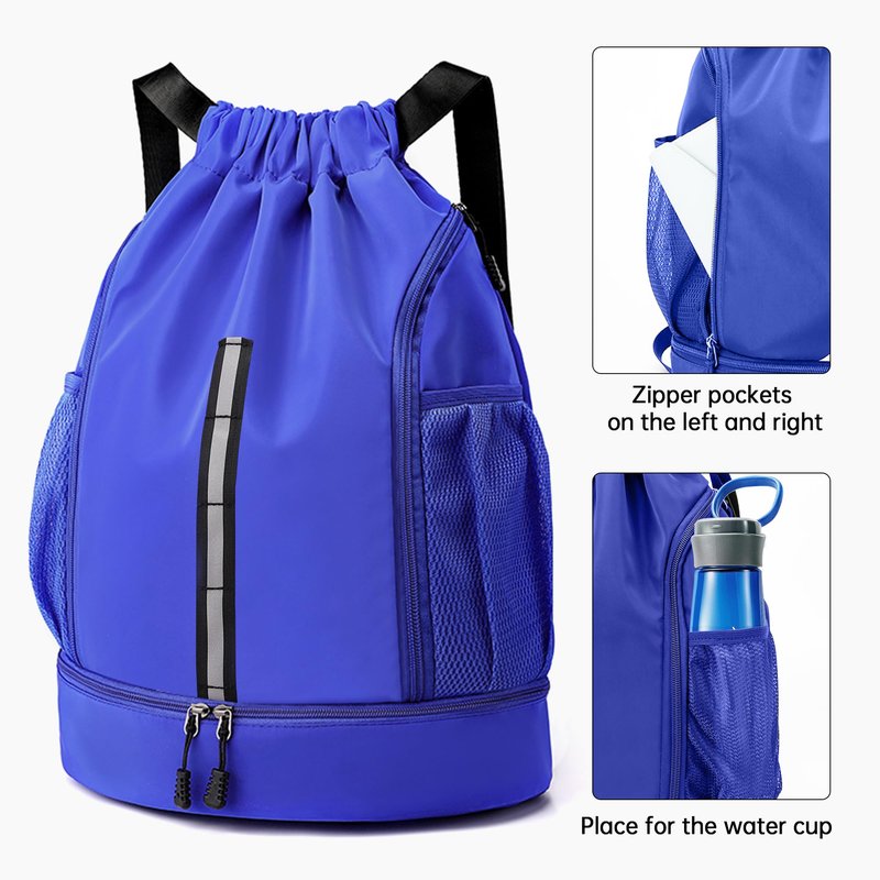 XMYAOWEI Sport Gym Bag Drawstring Backpack Beach Bag for Men Women with Shoe Compartment and Reflective Strips (Blue)