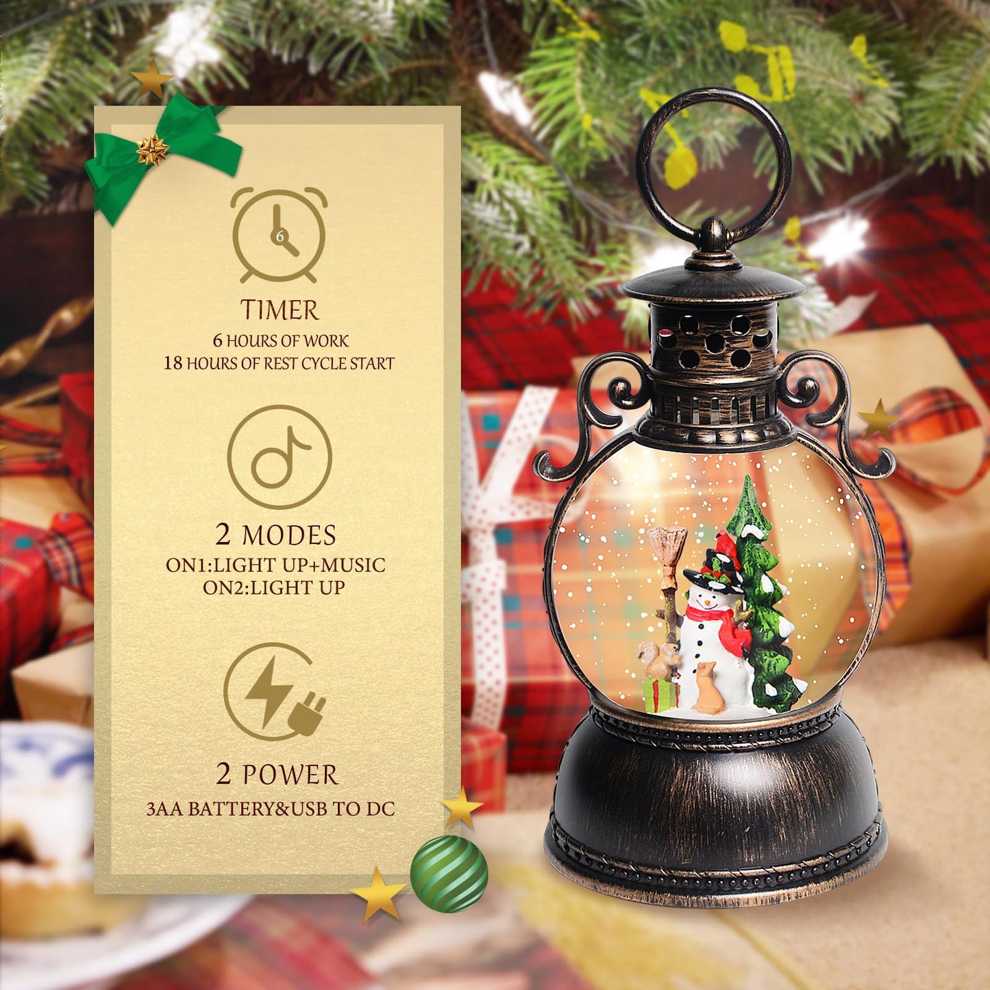Christmas Snow Globes Lantern, Christmas Table Decorations with 8 Songs, 6H Timer, Battery & USB Powered Glitter Christmas Music Box Home Decor