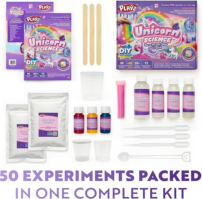 Playz Unicorn Slime & Crystals 100+ Science Experiments Kit Gift for Girls & Boys to Make Glow in The Dark Unicorn Poop, Snot, Fluffy Slime, Crystals, Putty, Arts & Crafts for Kids Age 8-12