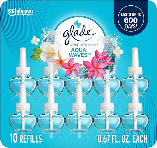 Glade PlugIns Scented Oil 10 Refills, Air Freshener, Aqua Waves, 10 x 0.67 oz, Packaging May Vary