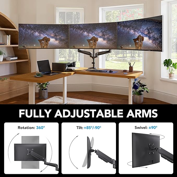 HUANUO Triple Monitor Mount for 17 to 32 inch Screens, Adjustment Gaming Triple Monitor Stand with Swivel, Tilt, Rotation, Clamp & Grommet Kit