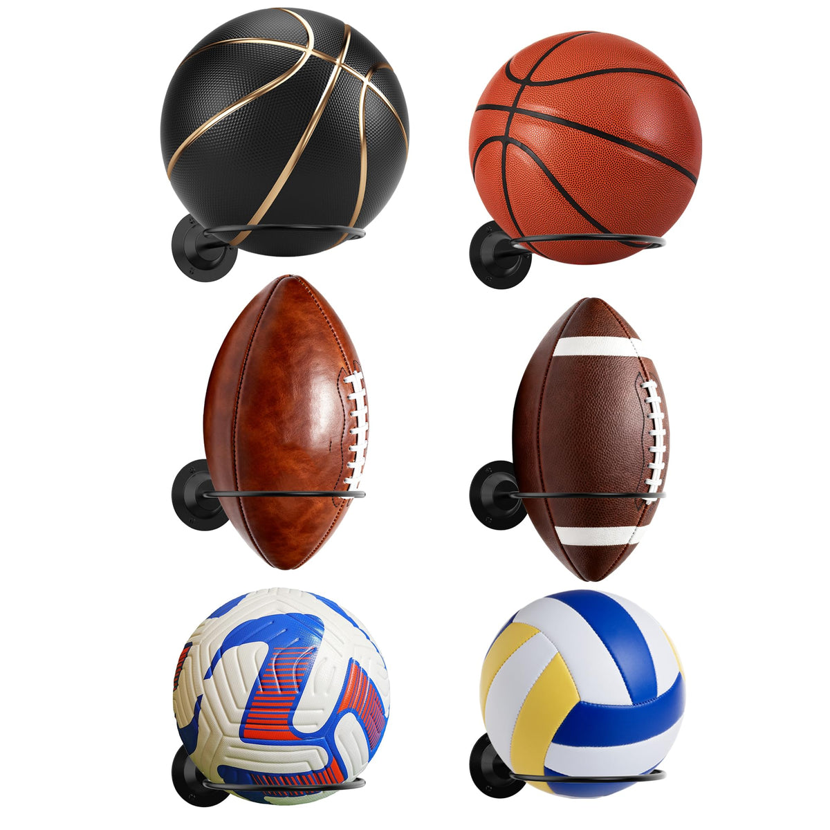 S SUCHEK Basketball Holder Wall Mount, Ball Holder Wall Mount, Ball Display Wall Storage for Basketball, Soccer Ball, Volleyball, Football, Rugby(4 Pieces, Black)