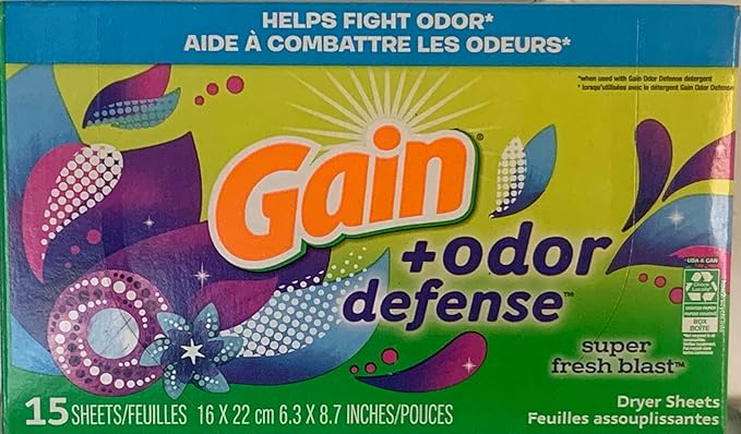 Gain + Odor Defense Super Fresh Blast Dryer Sheets, 15 Count (Pack of 1)