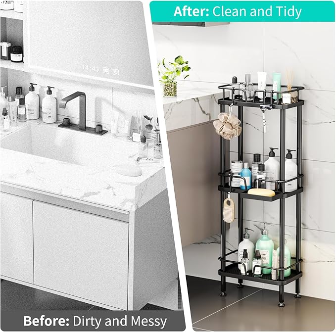 HapiRm Standing Corner Shower Caddy - 3 Tier Corner Shower Organizer with Soap Holder, Rustproof Stainless Steel Bathroom Shelf with 4 Hooks, Black