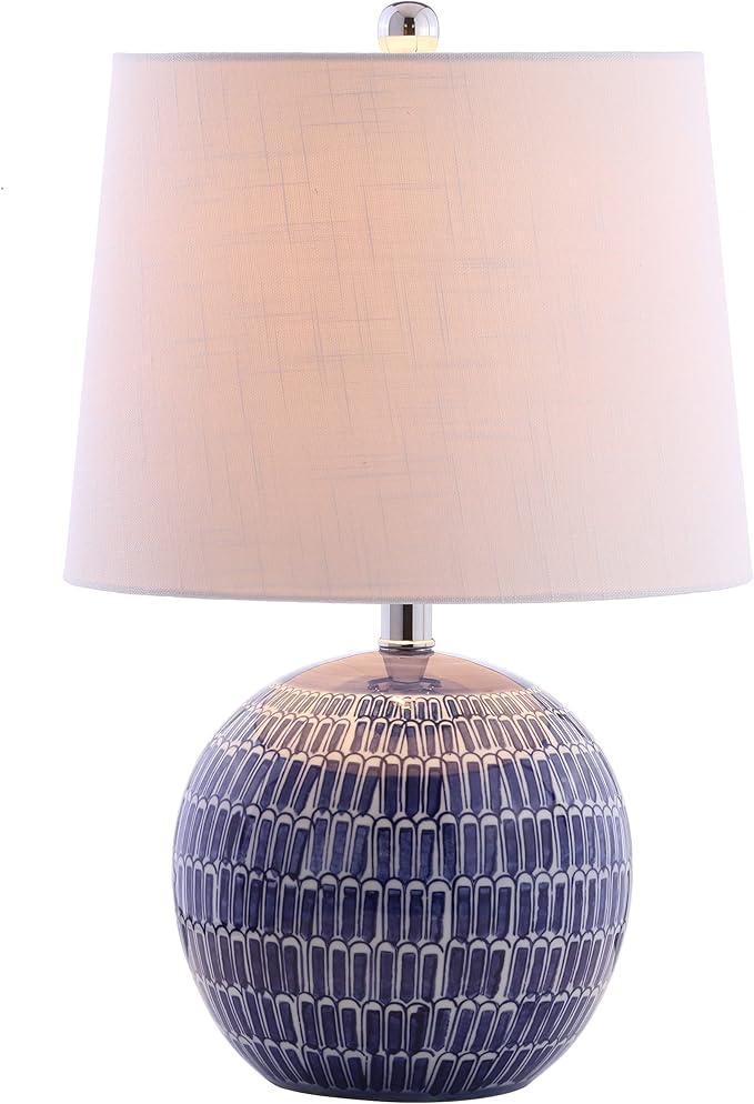 JONATHAN Y 21" Navy Ceramic Hand-Painted Scallop Sphere Table Lamp, Coastal Transitional Bedside Lamp with White Linen Drum Shade, LED Bulb Included JYL5044A