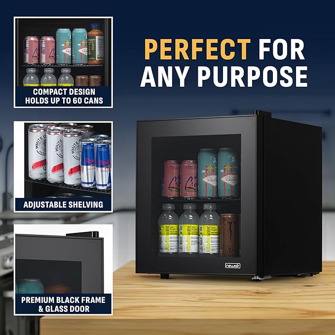 NewAir 60 Can Beverage Refrigerator | Compact Freestanding Mini Fridge for Bedroom, Dorm, Office or Gaming Room | Glass Door, Adjustable Shelf & Quiet Cooling | Black
