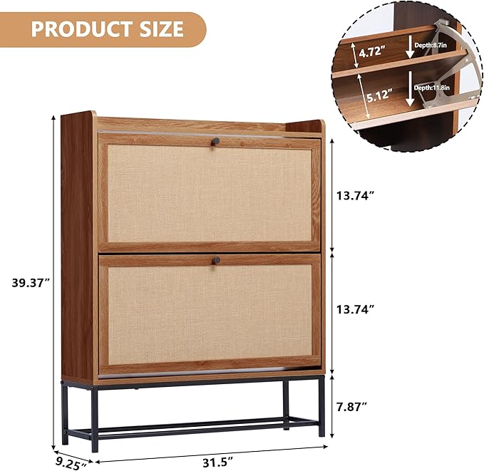 LEVNARY Shoe Storage Cabinet with 2 Flip Drawers, Wooden Narrow Shoe Cabinet Storage for Entryway, Freestanding Shoe Rack Organizer Cabinet with Metal Legs for Hallway (1, Walnut)