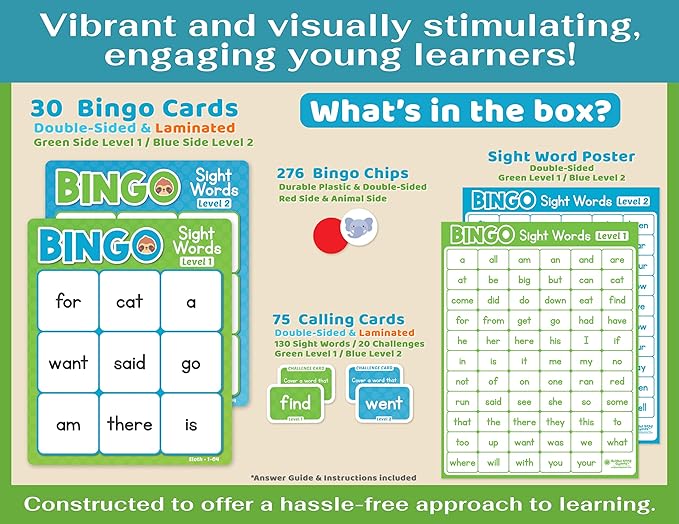 Bright Seed Sight Words Bingo Game for Kindergarten, Learn to Read Sight Word Cards, Word Games for Kids Ages 4-8, Bingo Sight Words Level 1&2, Laminated for Easy Clean