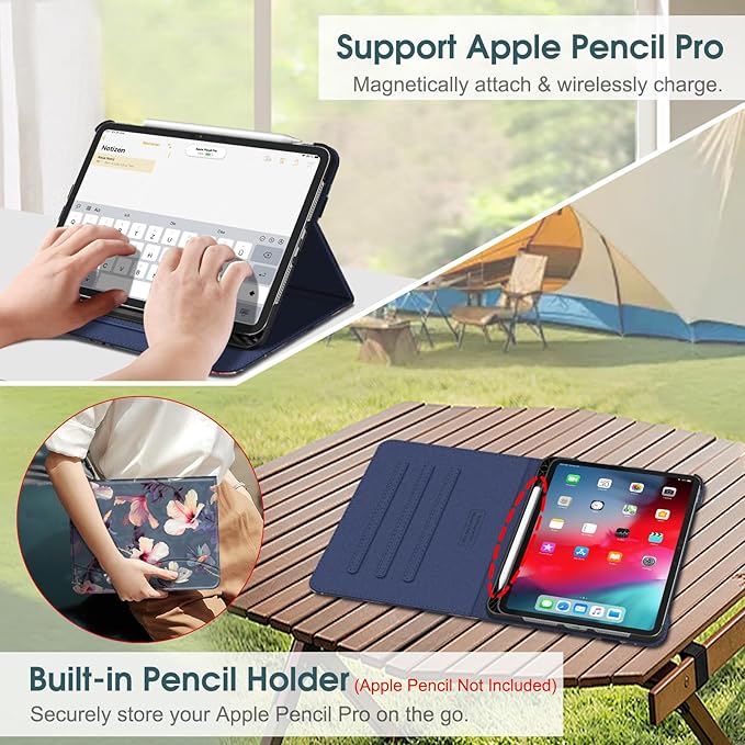 Fintie Folio Case for iPad Pro 11-inch (M5) 2025 / (M4) 2024 - Multiple Angles Viewing Stand Protective Cover with Pencil Holder & Pocket, Auto Wake/Sleep, Hibiscus