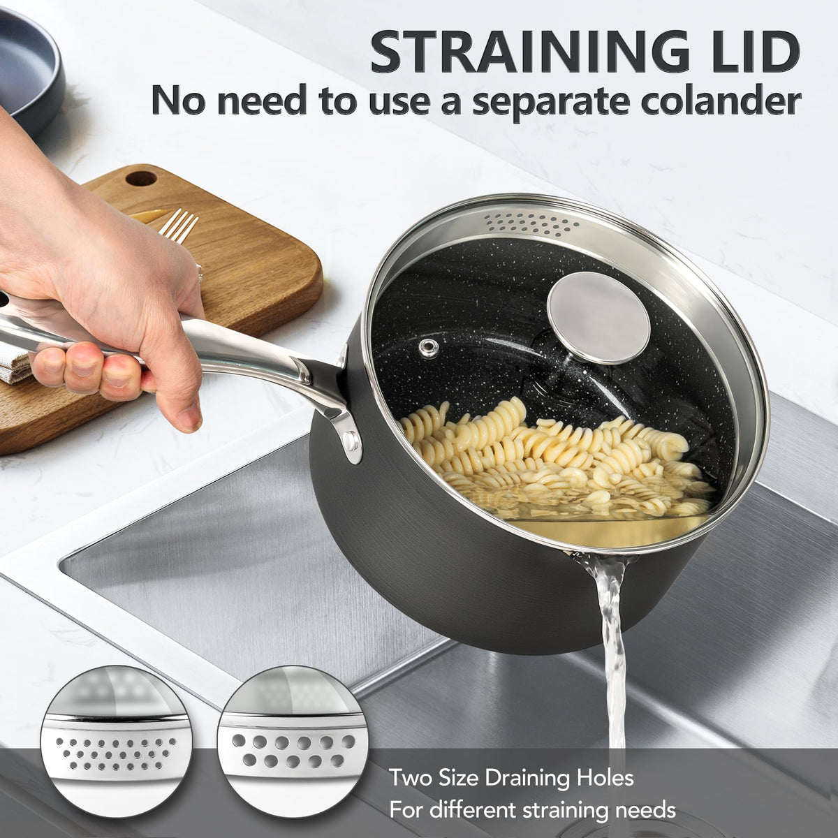 MICHELANGELO Hard Anodized Saucepan Set with Lids, Nonstick Saucepan with Pour Spouts & Strainer Lid for Easy Pour, Granite Derived Coating Sauce Pot Set - 1.5QT & 2QT &3QT Induction Sauce Pans