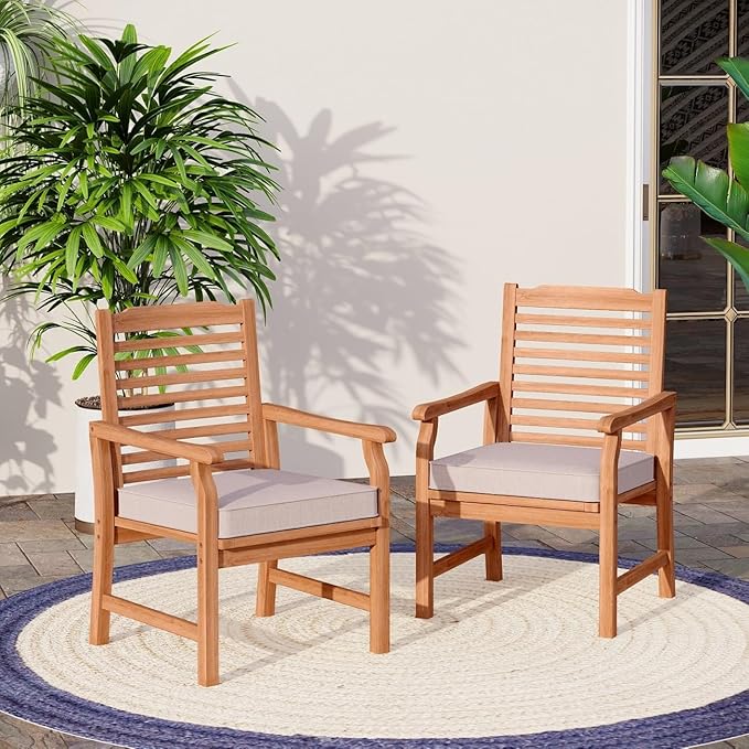MFSTUDIO 2 Pieces Acacia Wood Patio Dining Chairs, Natural Oil Finished Teak Outdoor Dining Chair Set of 2, Slat Back Patio Dining Set Teak Outdoor Chairs with Removable Cushion for Garden, Backyard