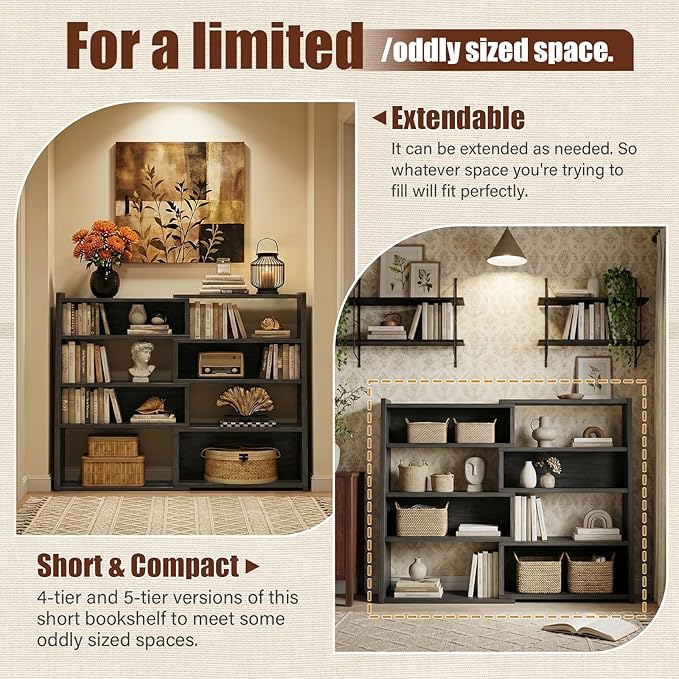 Armocity Book Shelf - Small Expandable Ladder Shelf, Short Corner Bookshelf for Small Spaces, 5 Tier Wood Narrow Bookcase, for Living Room, Bedroom, Entryway, Grey Oak