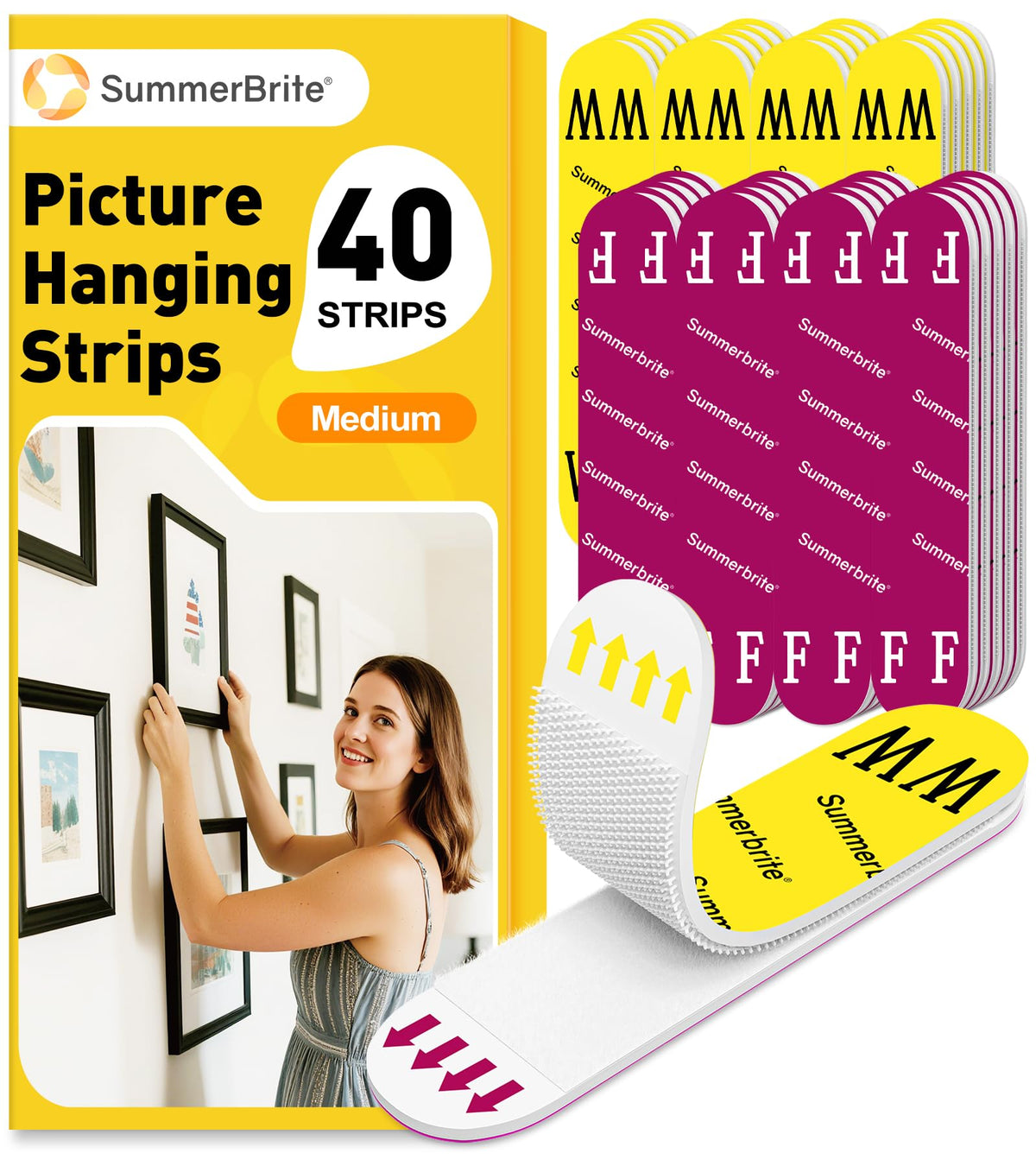 Picture Hanging Strips Heavy Duty, Damage Free Picture Hangers for Walls without Nails/Tools, Wall Sticky Hook and Loop Adhesive Strips Kit for Poster, Home, Office, 40 Strips/20Pairs-Medium