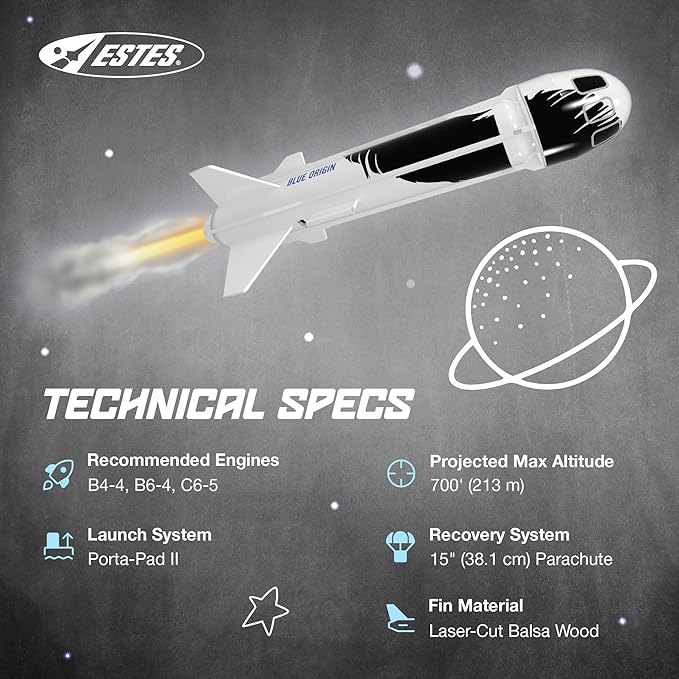 Estes 7315 Blue Origin New Shepard Builder Kit, Intermediate Flying-Rocket Model Kit for Ages 10+, Includes Model Parts and Parachute