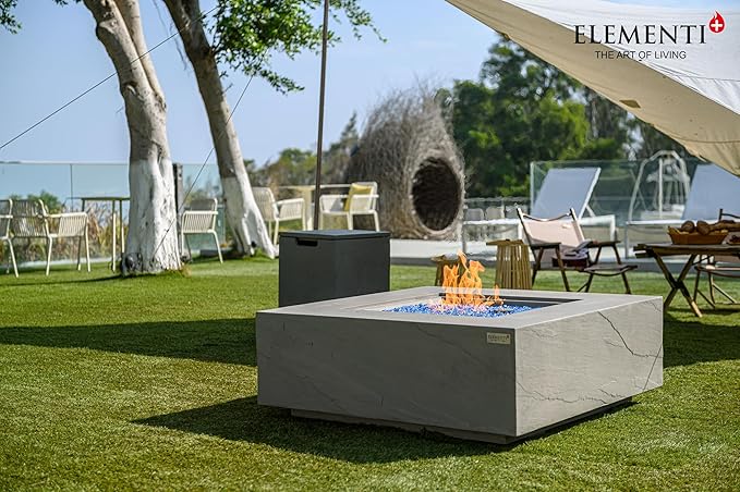 Elementi+ | Capertee Gas Fire Pit Cast Concrete 40" Square Fire Table, Outdoor Fire Pit Electronic Ignition | Canvas Cover, Fire Glass and Burner Lid Included | Light Gray | Natural Gas