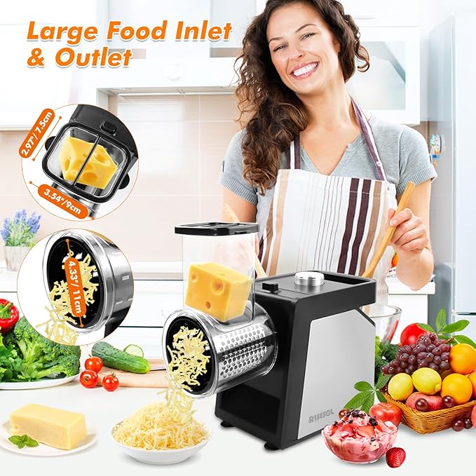 RISESOL 7 in 1 Electric Cheese Grater Ice Shaver with 7 Blades Stainless Steel Multifunctional Vegetable Shredder 250W BPA-Free 110V