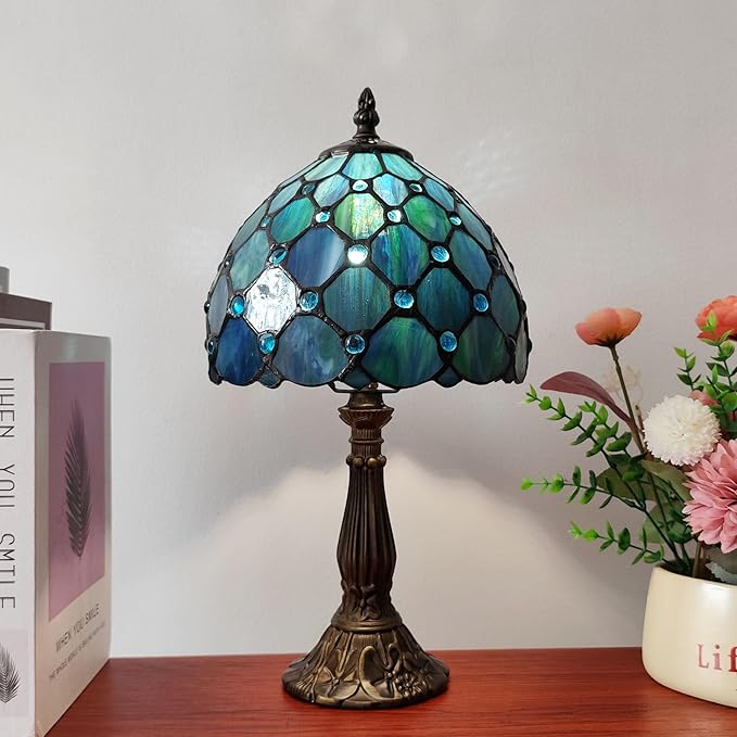 Small Tiffany Table Lamp 8 Inch Blue Pearls Style Tiffany Style Stained Glass Antique Light Bedroom Bedside Lamp Retro Reading Light
