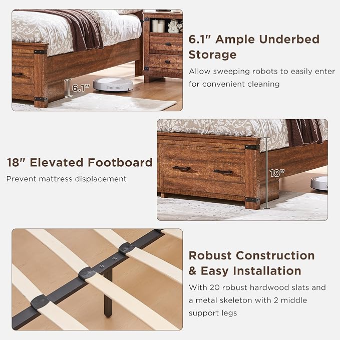 T4TREAM Farmhouse Queen Size Bed Frame with 54" Tall Geometric Headboard & 2 Large Storage Drawers, Rustic Wood Platform Bed with Wood Slats Support, No Box Spring Needed, Reclaimed Barnwood