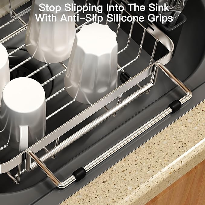 MAJALiS Expandable Stainless Steel Over The Sink Dish Drying Rack for Small Kitchen Counter Space Saving, Compact RV Plate Drainer Strainer in Silver Wire Metal with Hanging Adjustable Utensil Holder