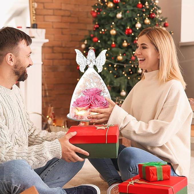 Ocosy Mothers Day Rose Gifts for her, Large Angel Rose Gifts for Women, Forever Real Roses in Angel Figurines, Angel Guardian with Roses Flower, Sweet Pink