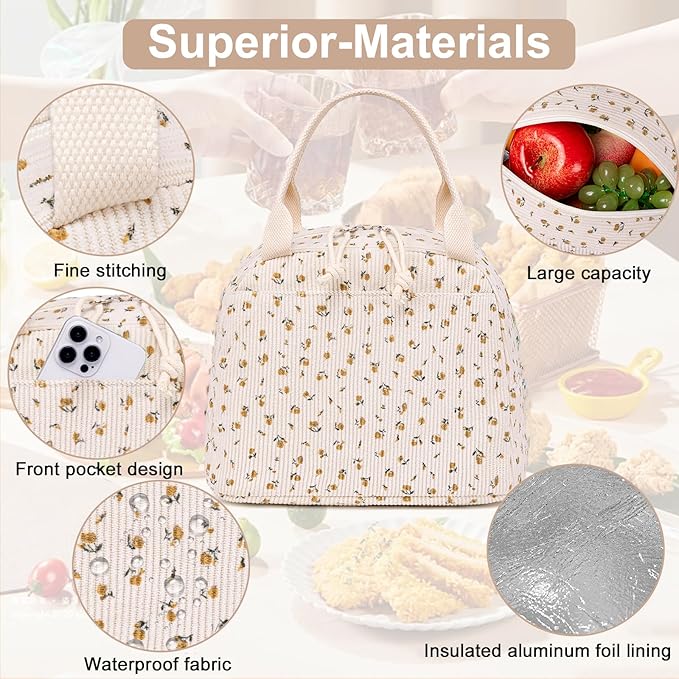 LEDAOU Lunch Box for Women Insulated Lunch Bag Corduroy Lunch Tote Bags Leakproof Cooler Lunch Case for Travel Work Picnic
