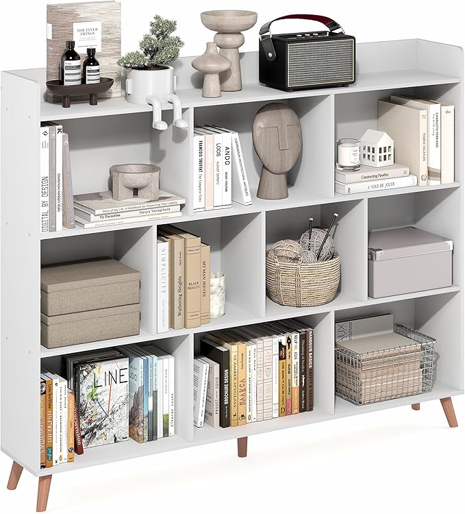 Furinno Claude Book Shelf, 10-Cube Mid Century Style Bookshelf, Bookcase, Storage Organizer with Wood Legs, 9.4" x 55.1" x 45.1", for Living Room, Bedroom, Home Office, White