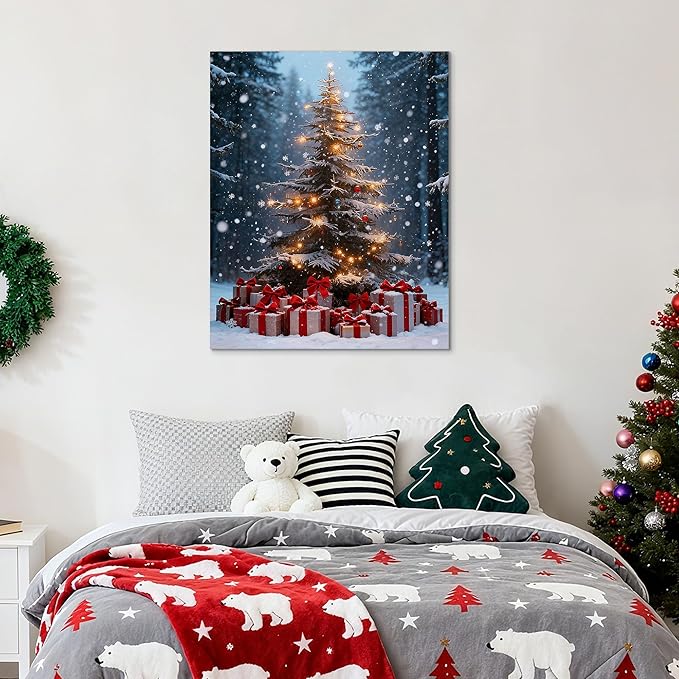 Framed Christmas Pictures Wall Decor,Vintage Pine Tree Prints,Winter Christmas Canvas Wall Art Decoration for Bedroom Bathroom Living Room Rustic Xmas Holiday Gifts (Christmas Tree 14, 16'' X 20'')