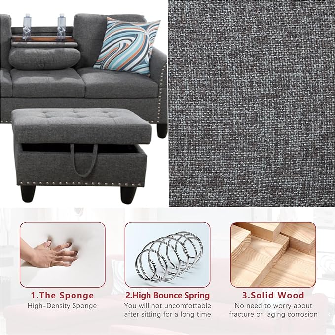 Large Storage Ottoman Sectional Sofa, L-Shaped Couch with Reversible Chaise, Space Saving Design, Gray Fabric with Accent Pillows. (Light Gray)