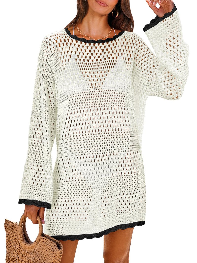 ANRABESS Women Swimsuit Crochet Swim Cover Up 2026 Summer Bathing Suit Swimwear Mesh Knit Beach Dress Vacation Outfits Black-White X-Large