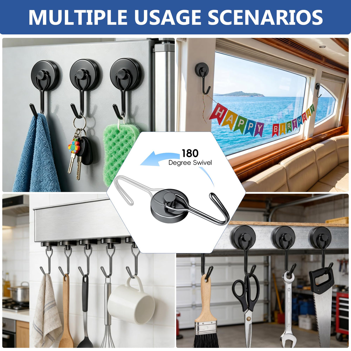 Tiergrade Magnetic Hooks, 2026 Cruise Cabin Ship Essentials Heavy Duty Strong Magnets Fridge Hanging for Classroom Kitchen Garage Grills Home, Max 8-Pack Black (4 Swivel + 4 Fixed)