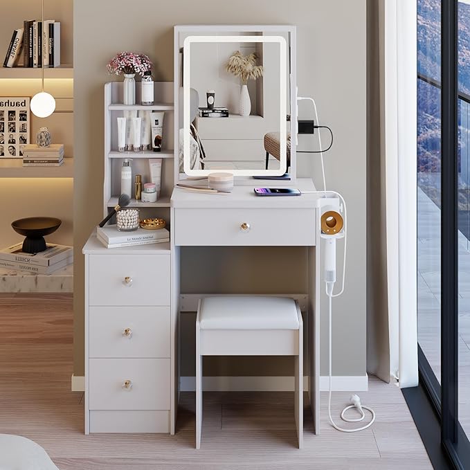 29.2" Small Vanity Desk with Mirror and Lights, Makeup Table with 2 AC+2 USB Power Station, Hair Dryer Bracket, Vanity Set with Drawers and Stool for Small Space Bedroom, White